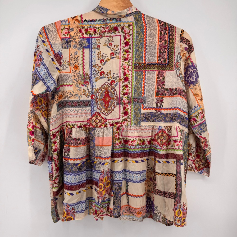 Johnny Was Blouse Women XL Multicolor 100% Silk Patchwork Crochet Lace‎ Peplum - Picture 2 of 9